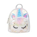Cute unicorn sequin backpack for girls in pearl blue faux leather with fuzzy pom-poms - White