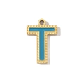 Detail of gold-plated letter T pendant with blue enamel filling and beaded edge decor - Letter T Style (VG289-Tx3)