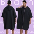 Quick-dry black hooded beach poncho with purple trim for men shown in front and back view - One Size / Cardigan Style - Solid Black