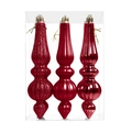 Three red conical Christmas ornaments in a box, featuring glitter and striped finishes - Red