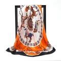 Hermes-style equestrian pattern silk scarf in vibrant orange and black silk satin finish - Steed Harness Beige Base Black Edge (SD90-12-3)