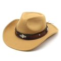 Close-up of a camel felt cowboy hat featuring a leather band with silver metal floral studs - Camel