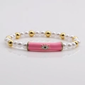 Evil eye bracelet with white imitation pearls, gold beads and pink enamel tube detail - Pink
