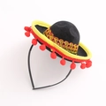 Mini black felt Mexican sombrero headband with yellow brim and red pom-poms for party - Black Style-Red Pompoms-Headband