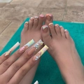 Detailed view of macaron color press-on nails with 3D floral accents and rhinestones - SGCY-299 (Hand) + JCY-01 (Foot) Jelly Glue Combo