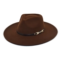 Detail of dark brown wool fedora hat featuring black leather band and gold metal buckle - M (56-58cm) / Coffee