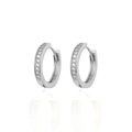 Detail of silver huggie earrings with sparkling clear cubic zirconia stones and mirror reflection - 12mm / Silver