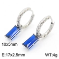 Silver textured hoop earrings with a rectangular blue zircon tassel pendant detail - Rectangle Gem Hoop (KE111303-KFC) / Steel/Blue