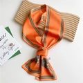 Orange mulberry silk narrow scarf with elephant print and striped border - Saddle Orange