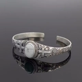 Bohemian silver open bangle with white turquoise stone and vintage cross floral pattern - Cross White Turquoise