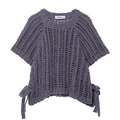 Close-up of purple hollow knit top with intricate side lace-up ribbon detailing - Purple Grey