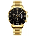 Detailed view of black dial with gold Roman numerals and date window on steel watch - Gold Strap Black Dial Gold Hands