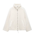 Close-up of cream faux shearling jacket featuring stand collar and zipper texture - S / Tops / High-End Cream White