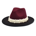 Elegant two-tone wool fedora hat in burgundy and black with luxury pearl trim - Wine Red + Black
