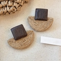 Boucles d'oreilles vintage avec bois foncé et détails en paille tressée naturelle - Style Patchwork en Paille Bois Marron Foncé (13# Tige d'Oreille en Argent-Café Foncé)