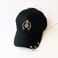 Black cotton baseball cap with metal rings and star pendant charm in a punk streetwear style - S Kids (48CM-52CM) / Half Ring Star / Black