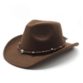 Sombrero vaquero clásico de fieltro marrón con banda de cuentas y ala plana - M(56-58cm) / café
