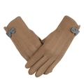 Brown suede winter gloves for women with grey bow detail and touchscreen function - One Size / Single Line Bow Coffee