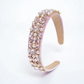 Detail of pink velvet headband with rhinestones and white pearls in floral arrangement - Pink