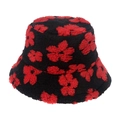 Winter sherpa bucket hat in black with red floral print for warm casual styling - Black Base With Red Flower (E)