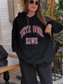 Oversized black hoodie with collegiate print and drawstring, heavy cotton fabric for winter - S / Black (Plus Velvet Thickened)
