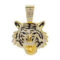 Detailed close-up of iced out tiger head pendant with clear crystals and gold finish - Gold Pendant Only