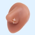 L-shaped cross nose stud with pink square zircon shown on model for piercing detail - Gold Cross Pink Square Zirconia (#8)