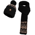 Winter knitted black hat and scarf set with geometric patterns and faux fur pom pom - Black (2-Piece Set)