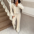 Women's two-piece casual lounge set with beige hooded zipper jacket and wide-leg trousers - S / Khaki