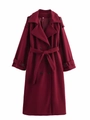 Deep wine red wool coat with double-breasted buttons and matching waist belt - XS / Burgundy