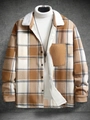 Detail of plaid jacket featuring sherpa fleece collar and brown corduroy chest pocket - S / Khaki