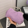 Elegante borsa da sera viola con strass, manico in metallo argento e tracolla a catena - Viola