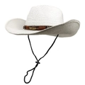 Chapeau de cowboy en paille blanche avec ruban marron, plume dorée et cordelette vent - Blanc pur