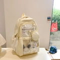 Cream-colored large student backpack with transparent mesh pocket and plush toys - Yellow