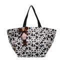 Borsa tote con stampa mucca bianca e nera e ciondolo a forma di topo di peluche - Bianco Sporco