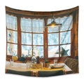 Detail of bohemian tapestry showing a cozy cabin dining room with snowy forest window view - Zj714-11