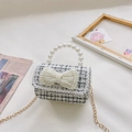 Kids black and white tweed mini handbag with pearl bow and golden chain strap - Bow Black