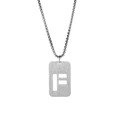 Close-up of silver titanium steel hollow rectangular pendant with letter F and box chain - Letter F
