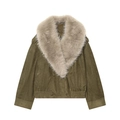 Women's olive green short faux fur jacket with suede texture and large beige collar - XS / Tops / Olive
