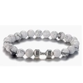 Bracciale manubrio da uomo con perline di marmo bianco e ciondolo manubrio inciso - Pino Bianco Importato Argento Elastico