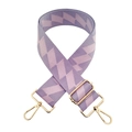Close-up of adjustable purple and pink geometric pattern fabric strap with gold clips - No.9 Purple