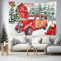 Dettaglio di arazzo natalizio con camion vintage rosso e foresta innevata a parete - 150x130cm / Stile 1-Camion Rosso Vintage Scena Innevata