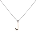 Detailed close-up of a silver-toned letter J pendant with black center and box chain link - Letter J