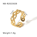 Adjustable golden stainless steel open ring with mesh woven design, 0.7cm wide - Hollow Woven Grid (NB-R2023028)