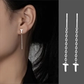 Elegant S999 sterling silver T-shaped long tassel drop earring in polished silver finish - Letter T