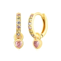 Macro view of gold heart drop earrings with pink gems and colorful pavé crystals - Colorful Zirconia Gold Hoop Pink Heart Pendant