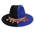 Two-tone wool felt fedora in black and blue with bohemian braided band and charms - Black Blue With Shells Tassels
