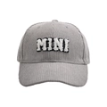 Detail of light gray corduroy baseball cap with white plush MINI letter embroidery - MINI Style / Gray
