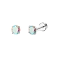 Macro detail of stainless steel earring with opal-colored stone and screw back closure - AB Rainbow Zirconia