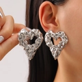 Silver oversized lava textured heart stud earrings with liquid metal hollow design - Hollow Lava Heart Silver (K-834)